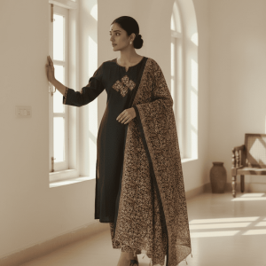 Pure Cotton Suit Set Black Aplic